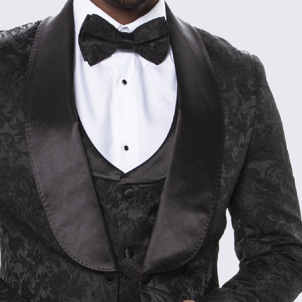 [DISCOUNTED] Men's Black Tuxedo with Floral Design Four Piece Set- Limited Sizes