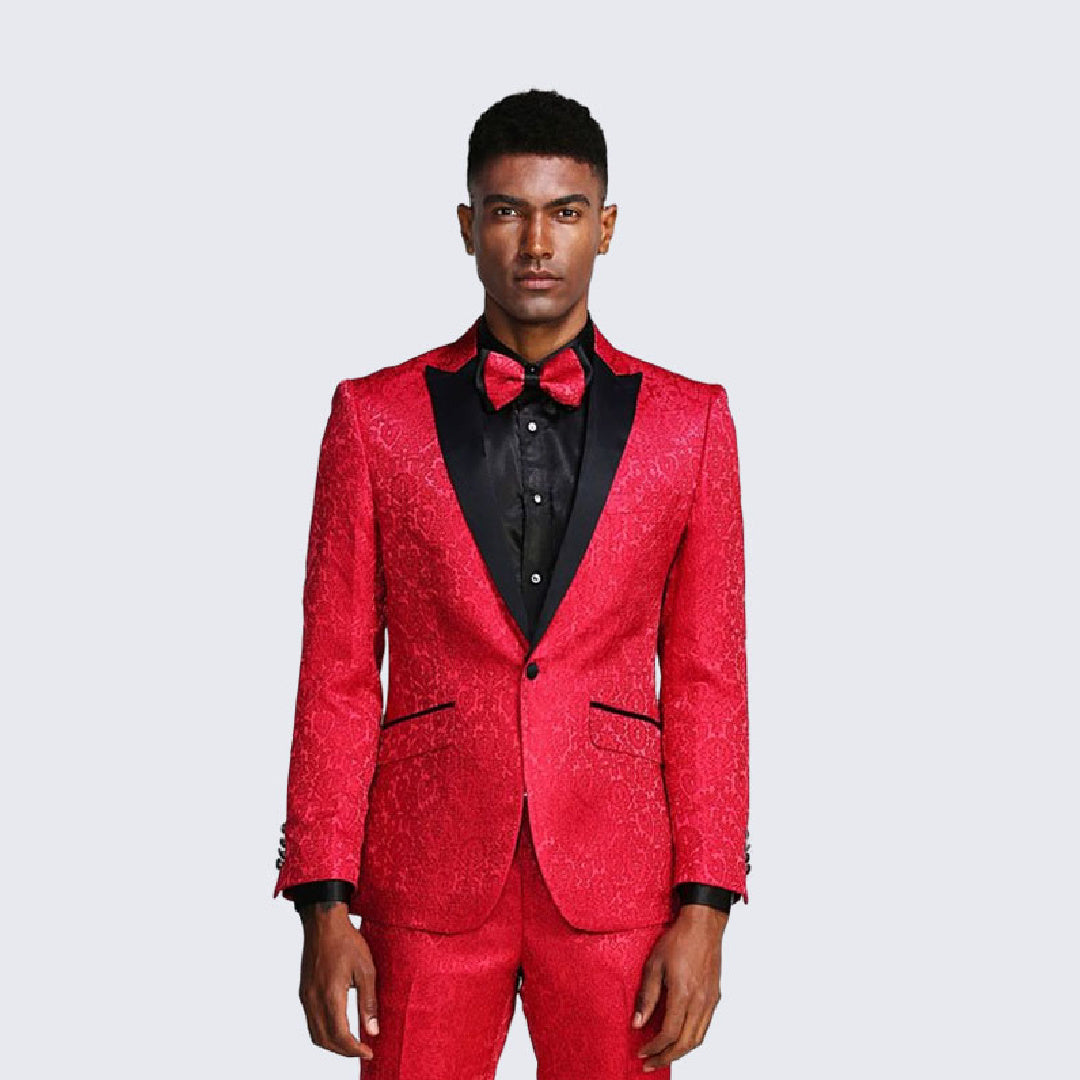 [DISCOUNTED] Red Paisley Slim Fit Tuxedo Three Piece Set - Limited Sizes