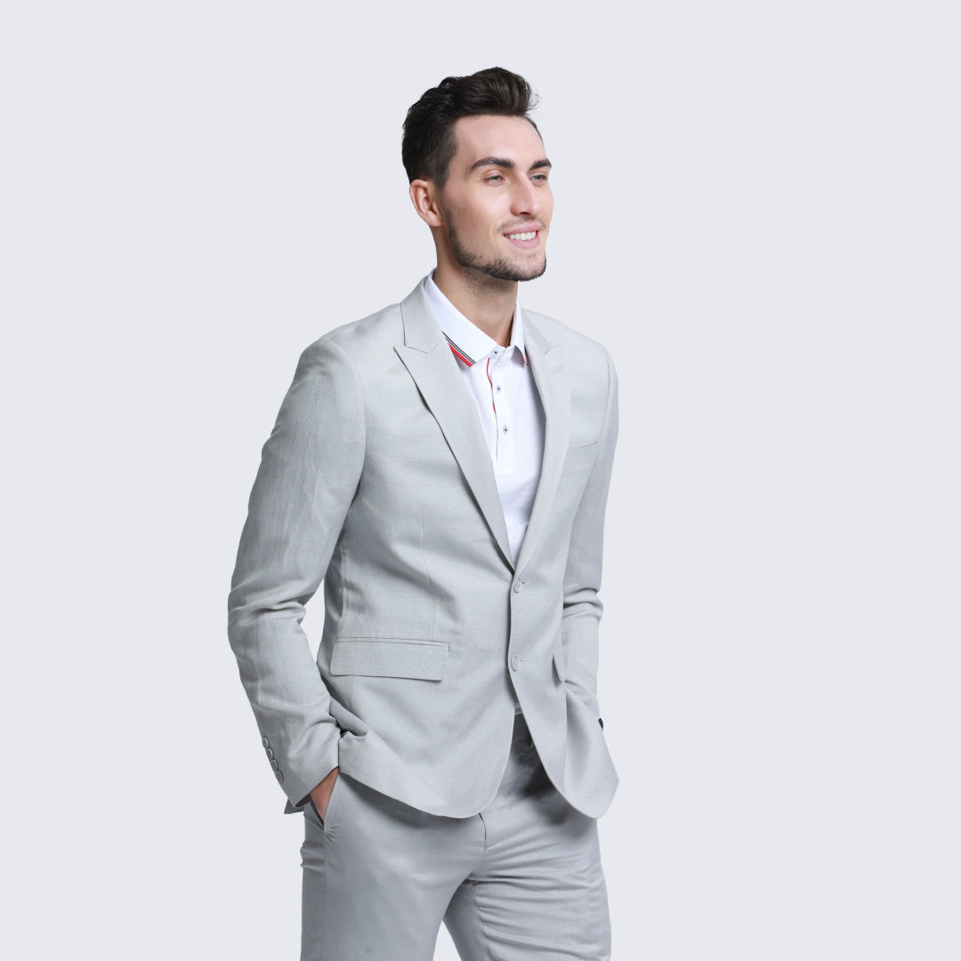 [DISCOUNTED] Light Grey Linen Suit Slim Fit Two Piece Set - Limited Sizes