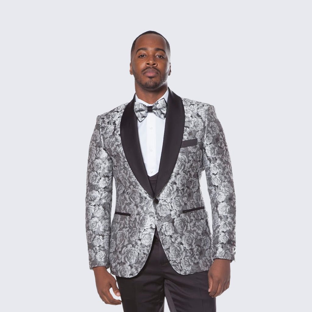 [DISCOUNTED] Silver Tuxedo with Floral Pattern Four Piece Set - Limited Sizes