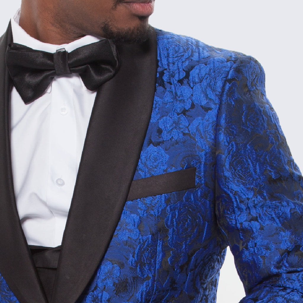 [DISCOUNTED] Royal Blue Tuxedo with Floral Design Four Piece Set - Limited Sizes