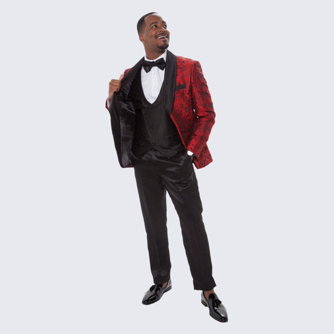 [DISCOUNTED] Red Tuxedo with Floral Design Four Piece Set - Limited Sizes