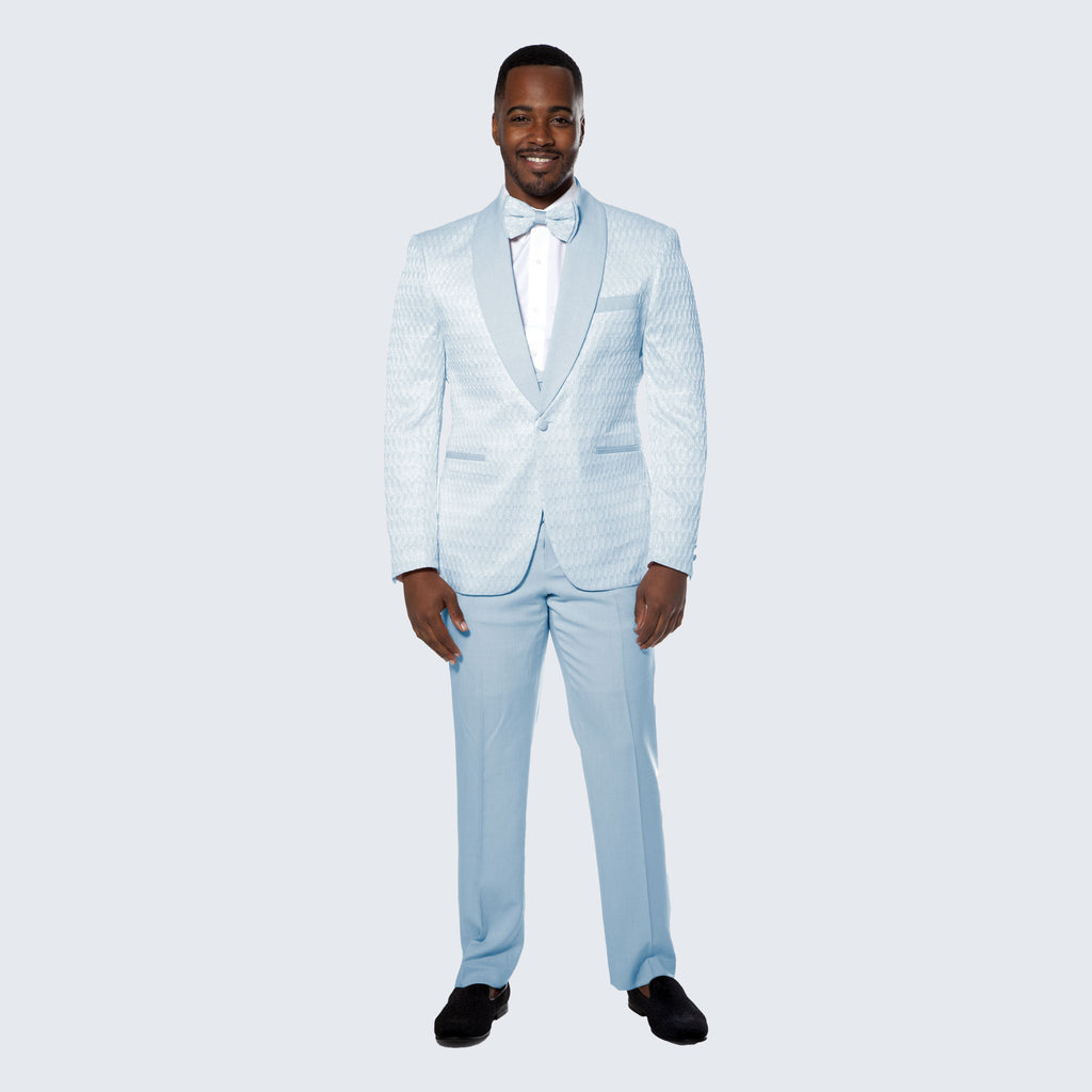 [DISCOUNTED] Sky Blue Tuxedo with Textured Pattern Four Piece Set - Limited Sizes