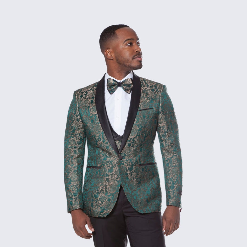 [DISCOUNTED] Green Tuxedo with Gold Pattern Four Piece Set - Limited Sizes