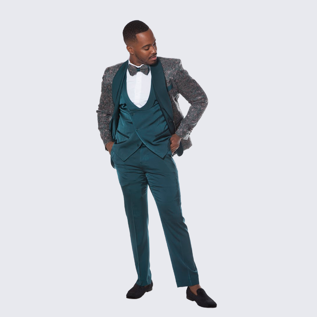 [DISCOUNTED] Green Tuxedo with Textured Design Four Piece Set - Limited Sizes
