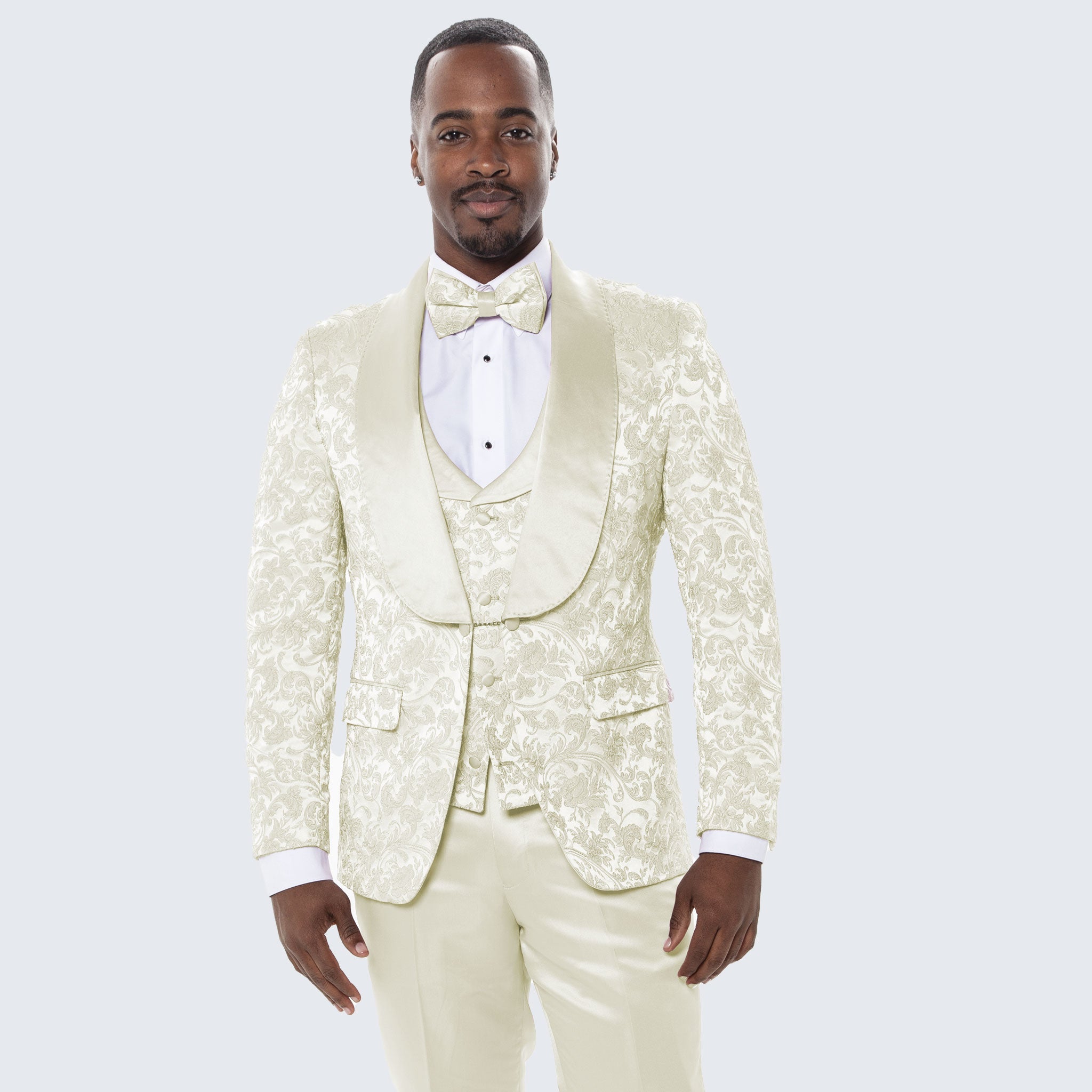 [DISCOUNTED] Men's Ivory Tuxedo with Floral Design Four Piece Set - Limited Sizes