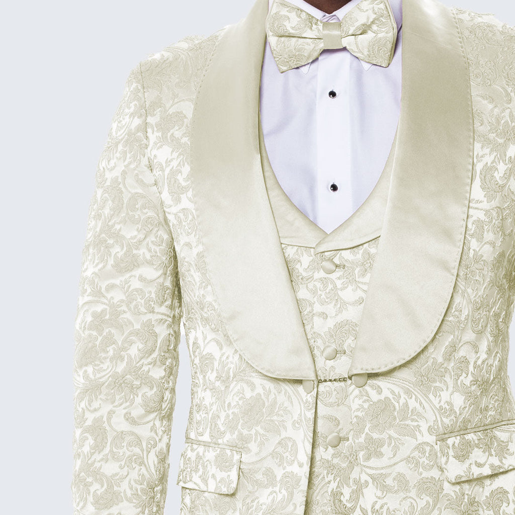 [DISCOUNTED] Men's Ivory Tuxedo with Floral Design Four Piece Set - Limited Sizes