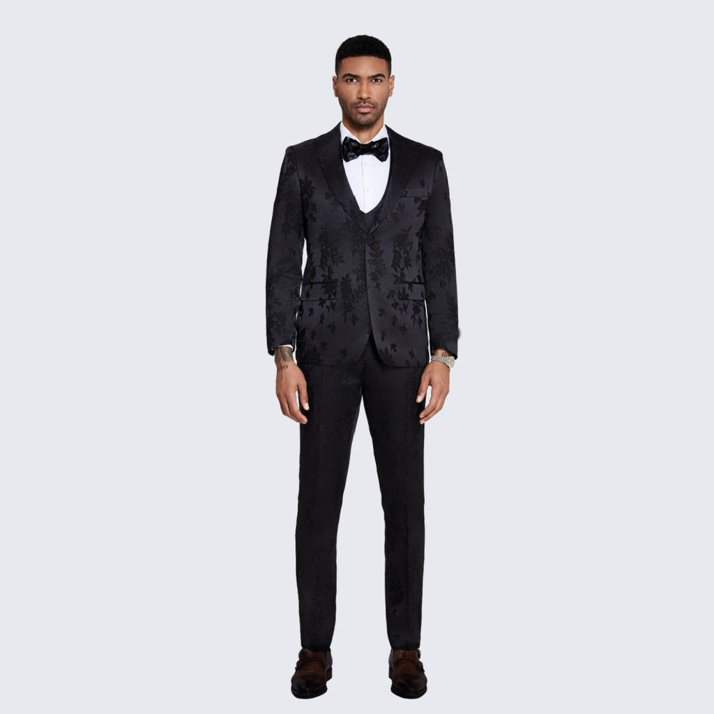 [DISCOUNTED] Men's Black Satin Tuxedo with Floral Design Four Piece Set - Limited Sizes