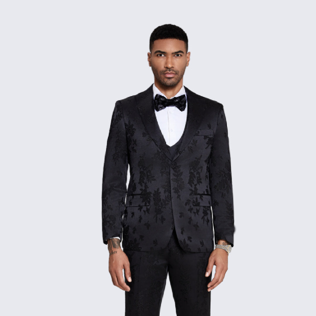 [DISCOUNTED] Men's Black Satin Tuxedo with Floral Design Four Piece Set - Limited Sizes