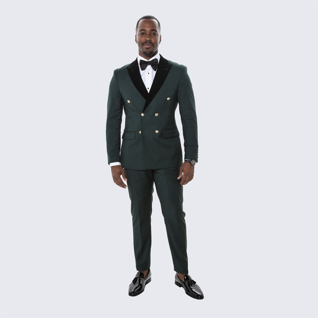 [DISCOUNTED] Green Double Breasted Tuxedo with Velvet Peak Lapel - Limited Sizes