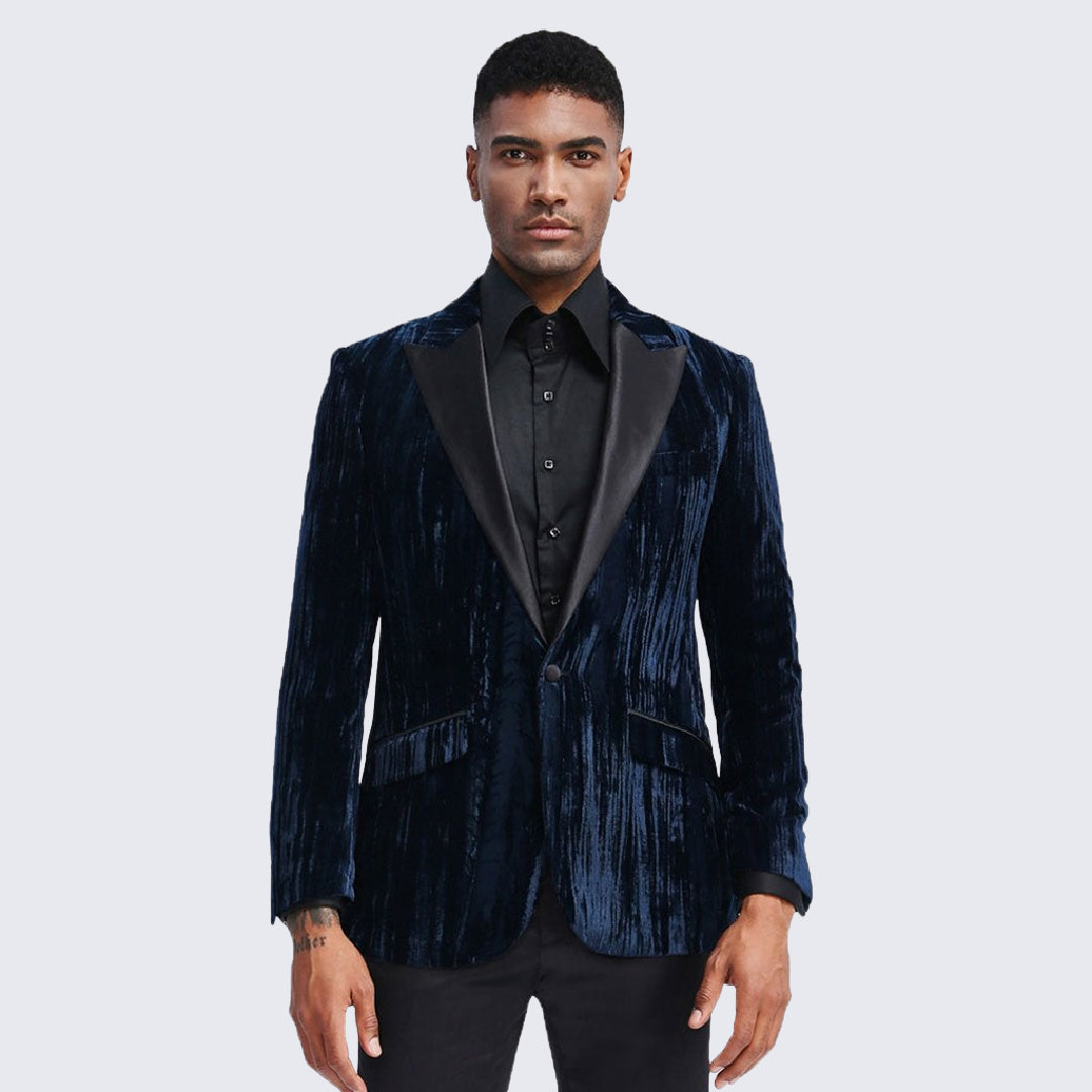 [DISCOUNTED] Navy Tuxedo Jacket with Fancy Velvet Feel Pattern Slim Fit - Limited Sizes
