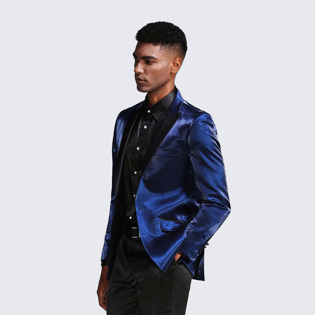[DISCOUNTED] Navy Blue Tuxedo Jacket Shiny Slim Fit with Peak Lapel - Limited Sizes
