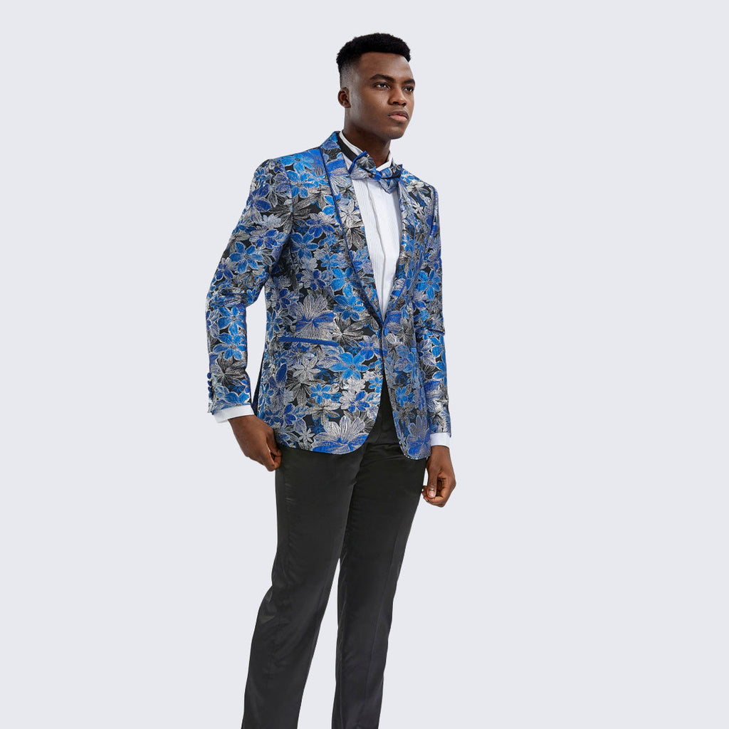 [DISCOUNTED] Royal Blue Floral Tuxedo Jacket Slim Fit - Limited Sizes