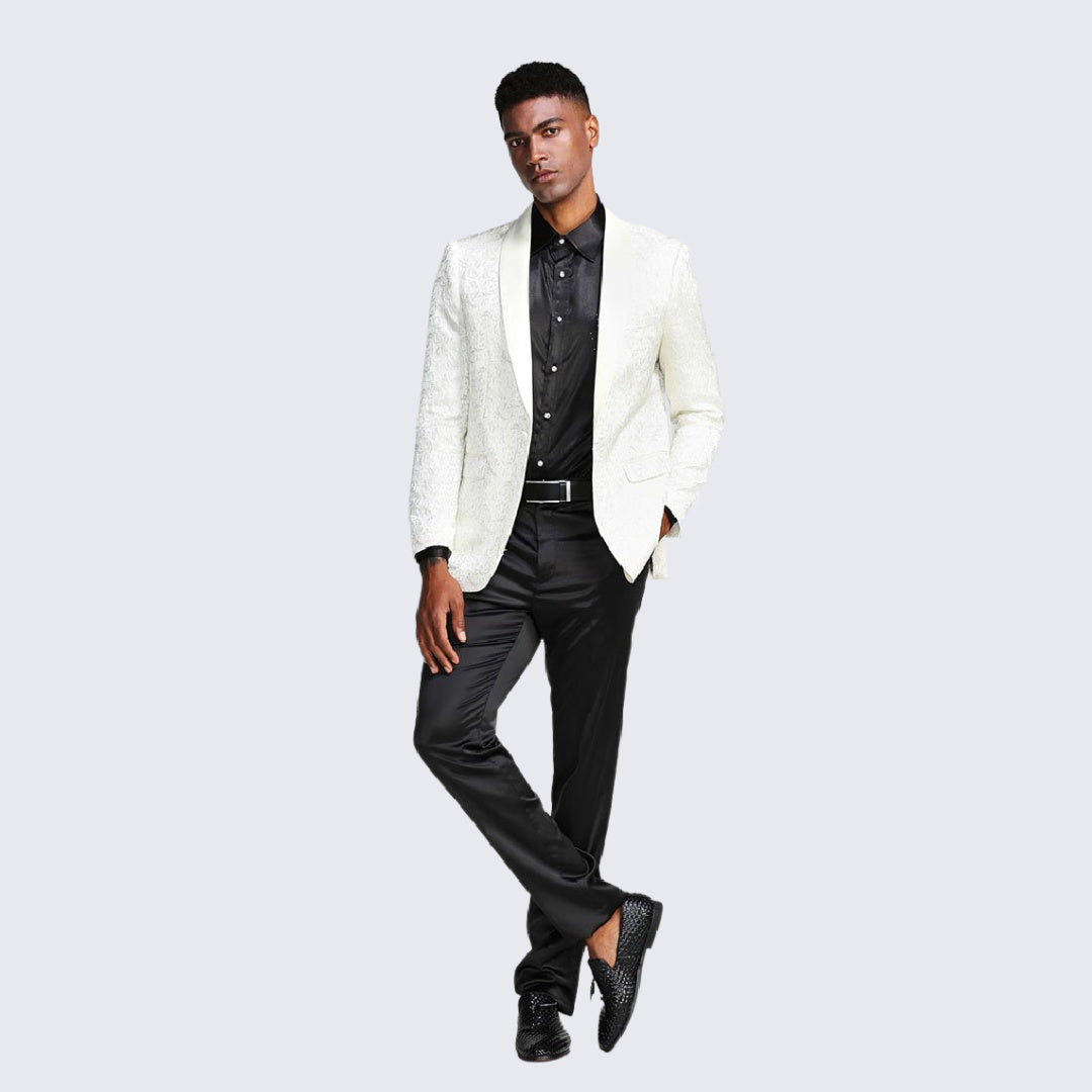 [DISCOUNTED] Ivory Tuxedo Jacket Paisley Pattern Slim Fit - Limited Sizes