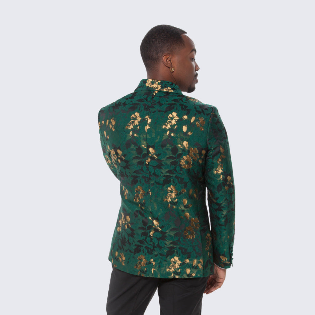 [DISCOUNTED] Green and Gold Floral Design Tuxedo Jacket Slim Fit - Limited Sizes