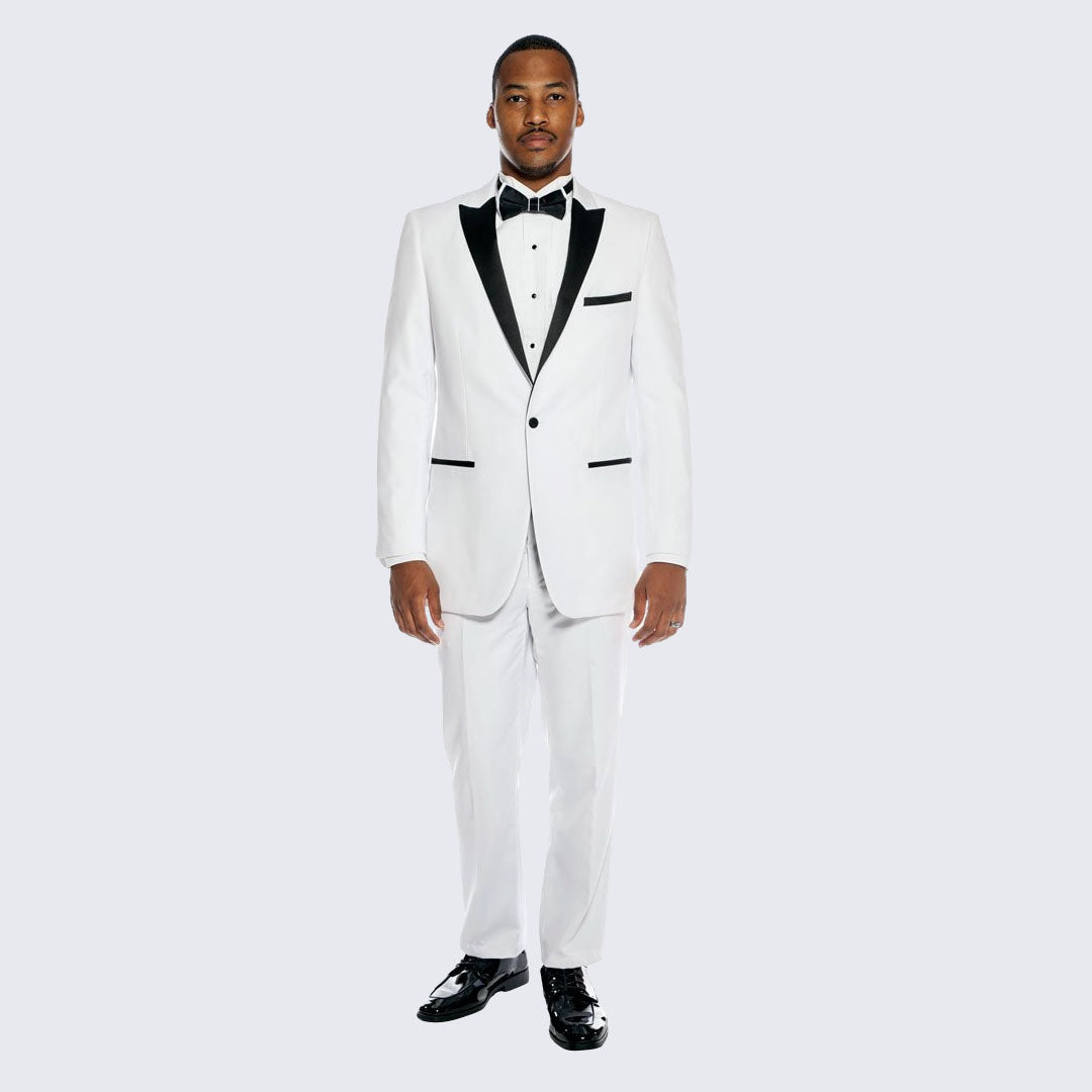 [DISCOUNTED] White Tuxedo with Black Peak Lapel Slim Fit - Limited Sizes