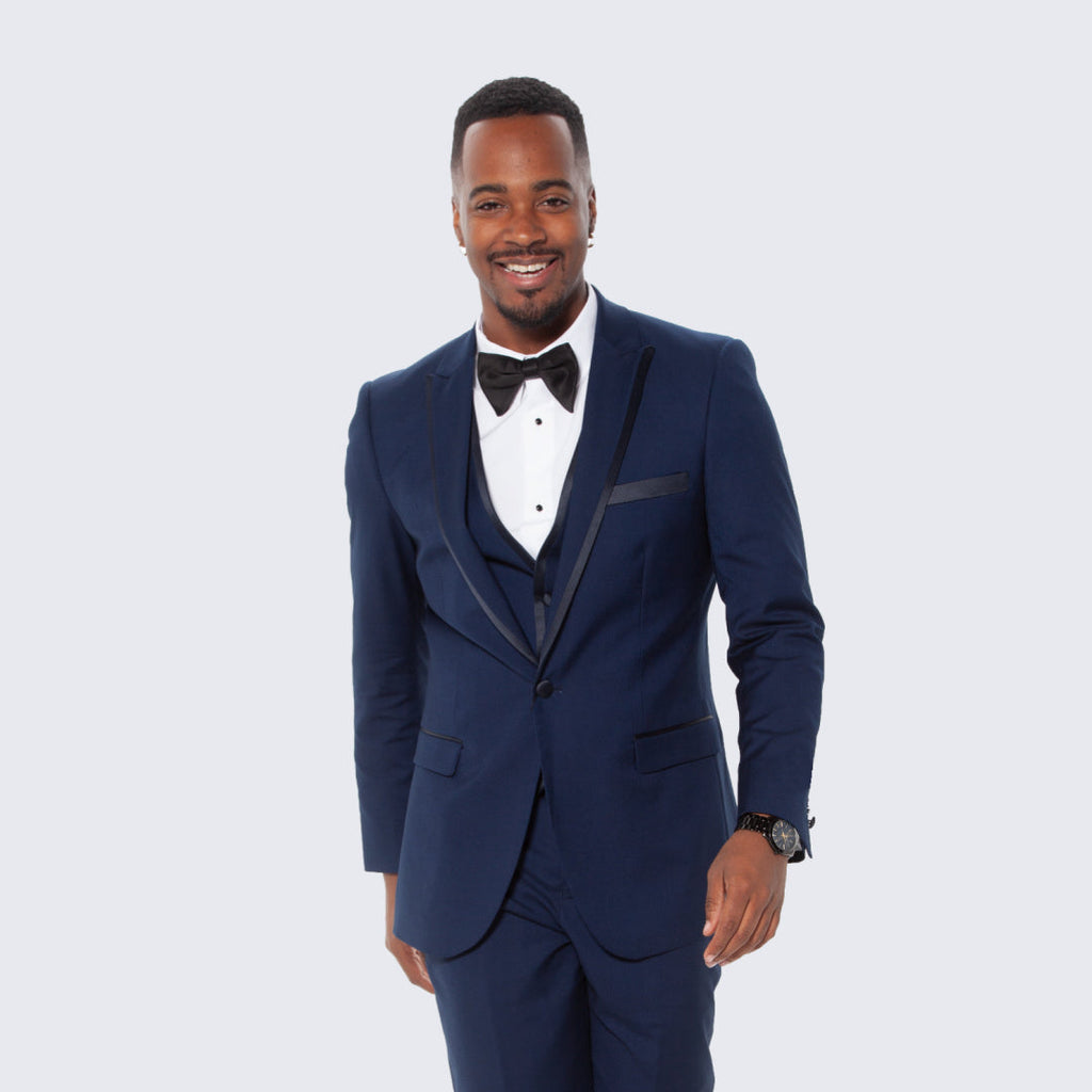 [DISCOUNTED] Navy Blue Textured Tuxedo Three Piece Set with Satin Trim -Limited Sizes