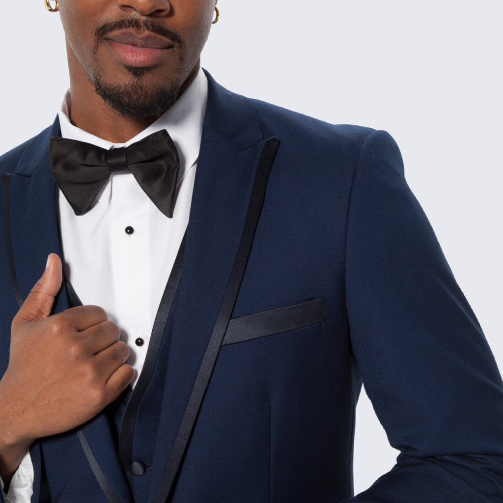 [DISCOUNTED] Navy Blue Textured Tuxedo Three Piece Set with Satin Trim -Limited Sizes