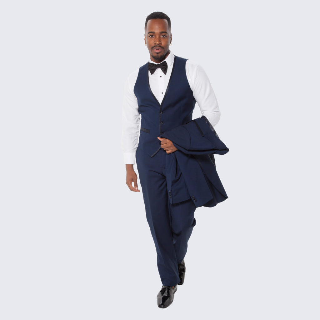 [DISCOUNTED] Navy Blue Textured Tuxedo Three Piece Set with Satin Trim -Limited Sizes