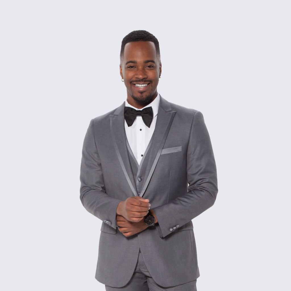 [DISCOUNTED] Mid Grey Textured Tuxedo Three Piece Set with Satin Trim -Limited Sizes