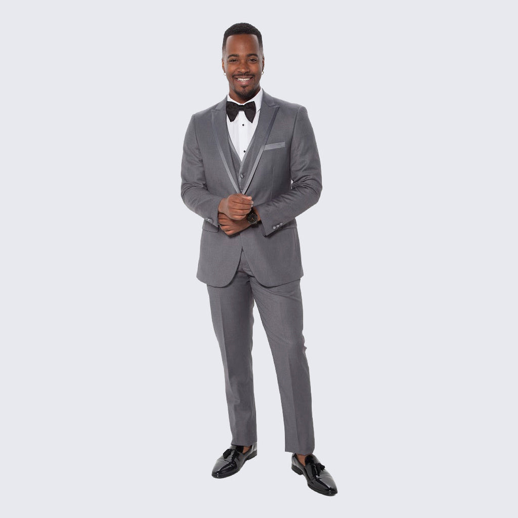 [DISCOUNTED] Mid Grey Textured Tuxedo Three Piece Set with Satin Trim -Limited Sizes