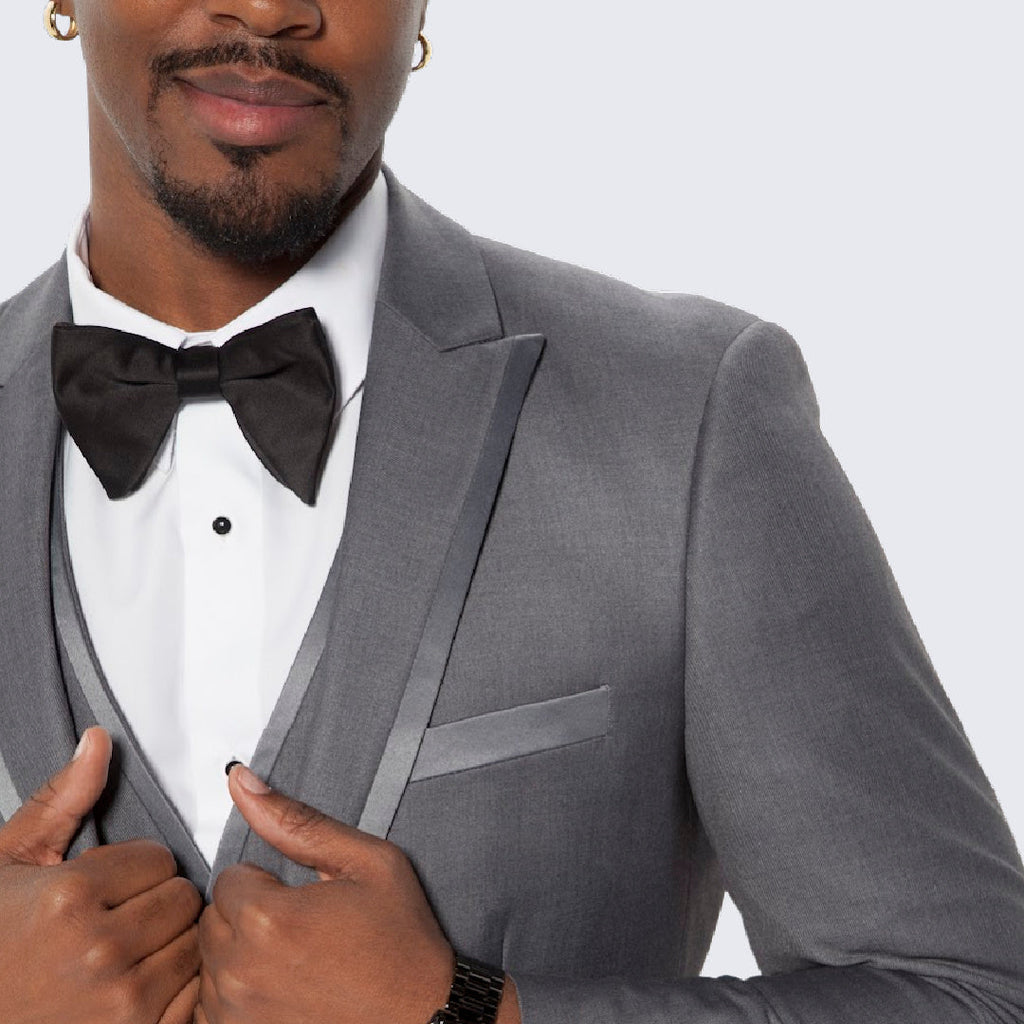 [DISCOUNTED] Mid Grey Textured Tuxedo Three Piece Set with Satin Trim -Limited Sizes