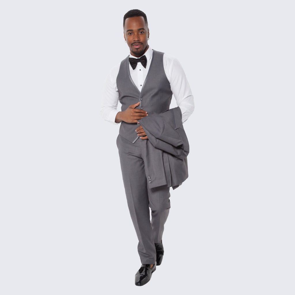 [DISCOUNTED] Mid Grey Textured Tuxedo Three Piece Set with Satin Trim -Limited Sizes