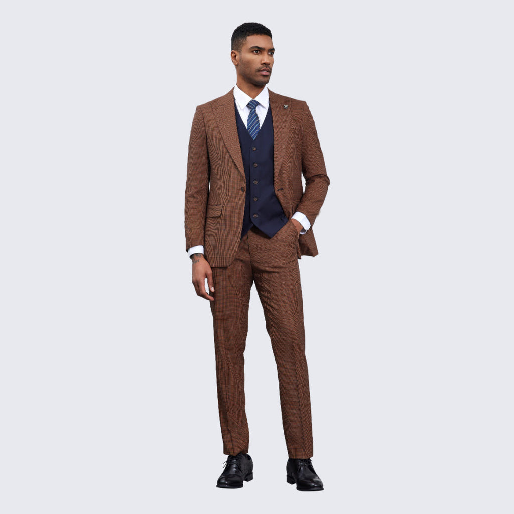 [DISCOUNTED] Men's Brown and Navy Glen Plaid Suit Three Piece Set - Limited Sizes