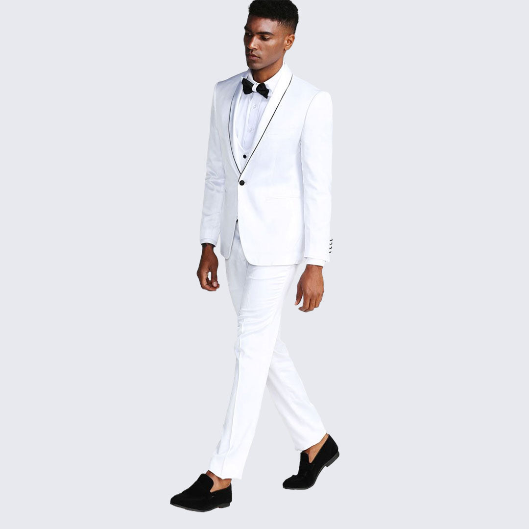 [DISCOUNTED] White Slim Fit Tuxedo Fully Satin Four Piece Set - Limited Sizes