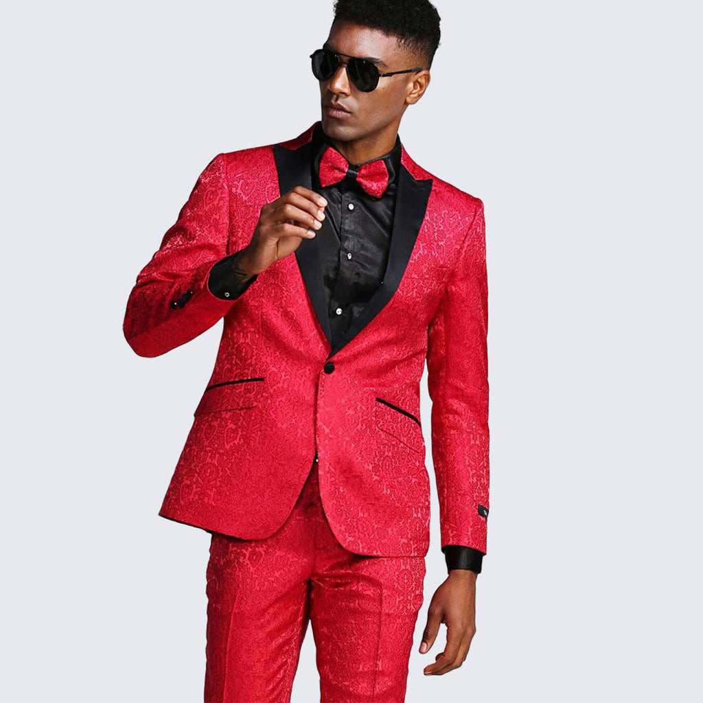 [DISCOUNTED] Red Paisley Slim Fit Tuxedo Three Piece Set - Limited Sizes