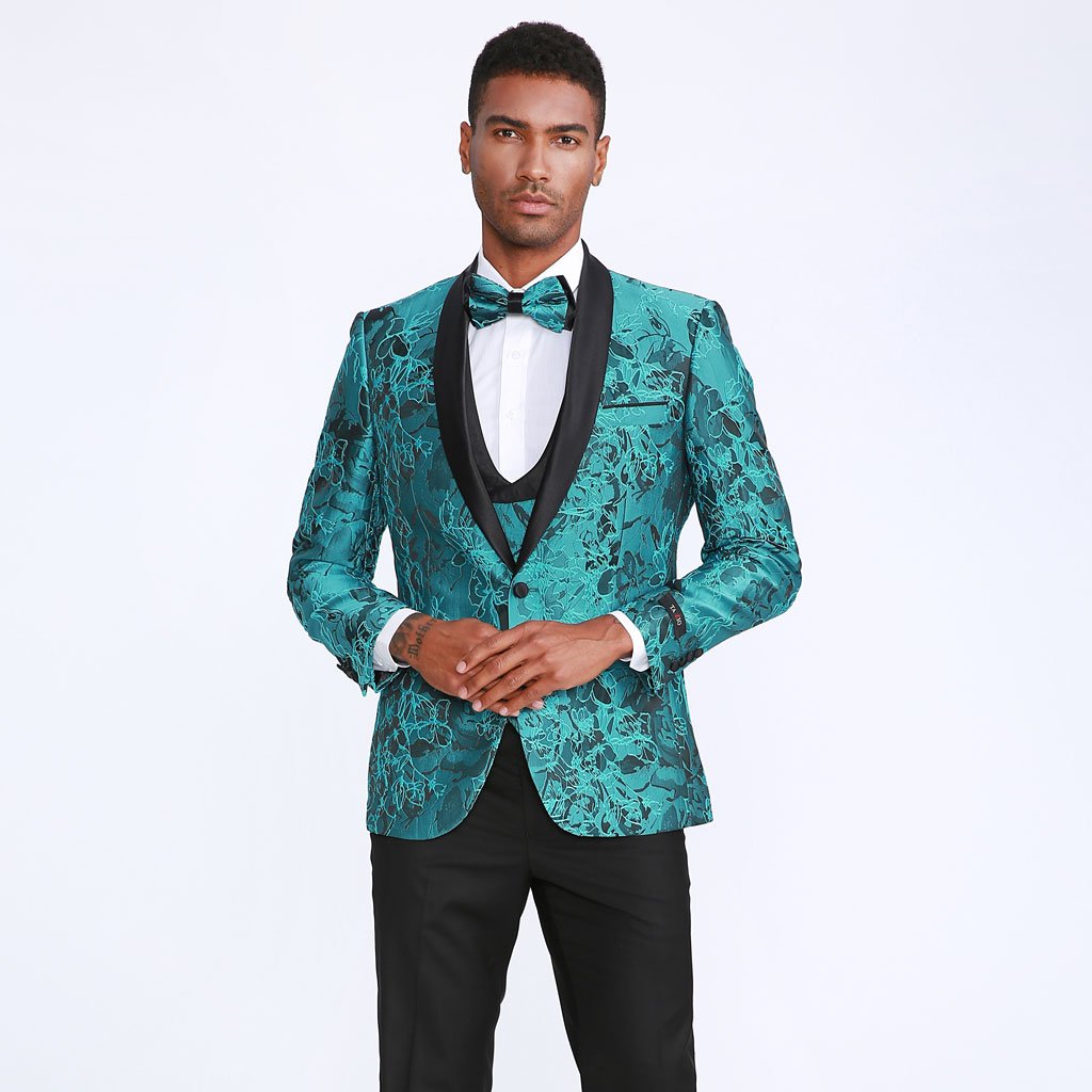 [DISCOUNTED] Turquoise Tuxedo with Floral Pattern Four Piece Set - Limited Sizes