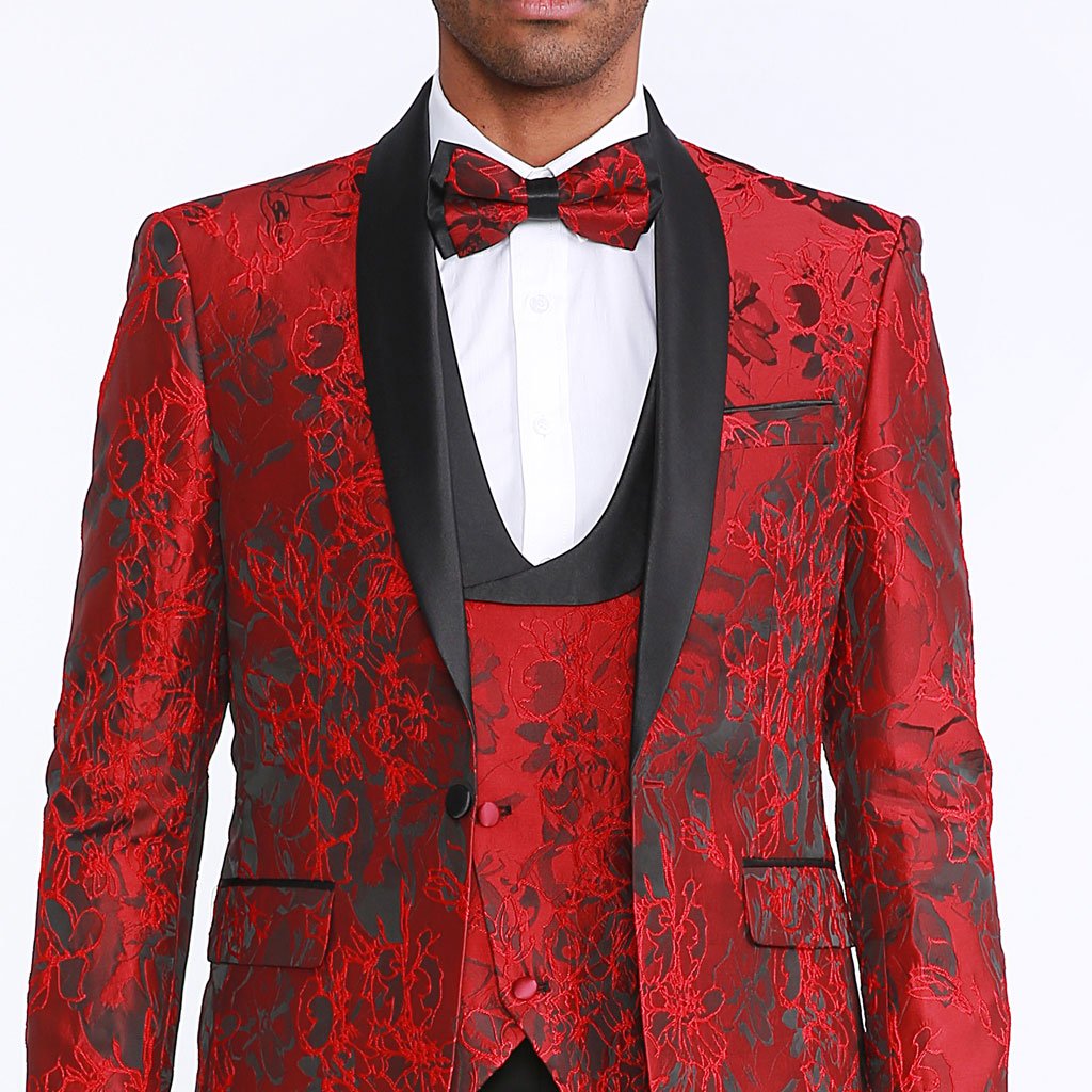 [DISCOUNTED] Red Tuxedo with Floral Pattern Four Piece Set - Limited Sizes