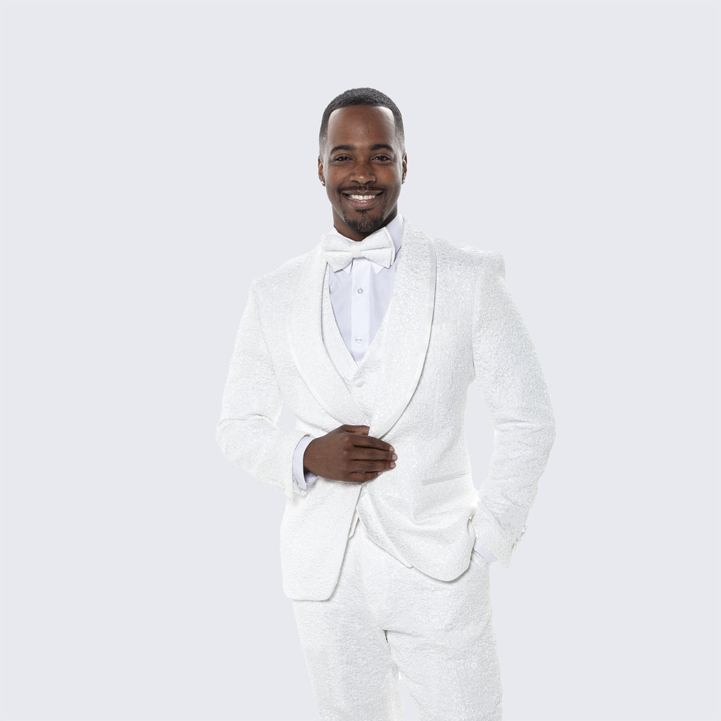 [DISCOUNTED] Men's White Tuxedo with Floral Design Three Piece Set - Limited Sizes